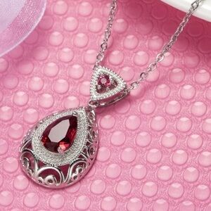 Red Fire Drop Pendant, Silver-tone Gothic, Victorian Necklace